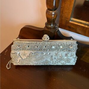 Elegant Silver Beaded Clutch